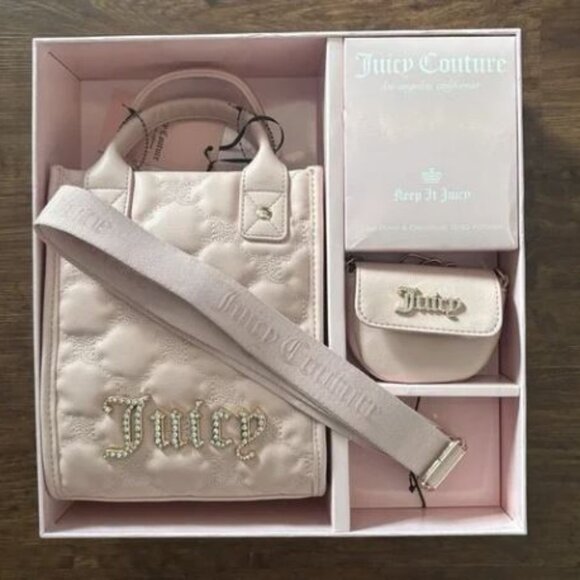 NWT Juicy Couture Quilted Pink Handbag 2 pc Tote Gift Set with Purse Coin Pouch - Picture 5 of 11
